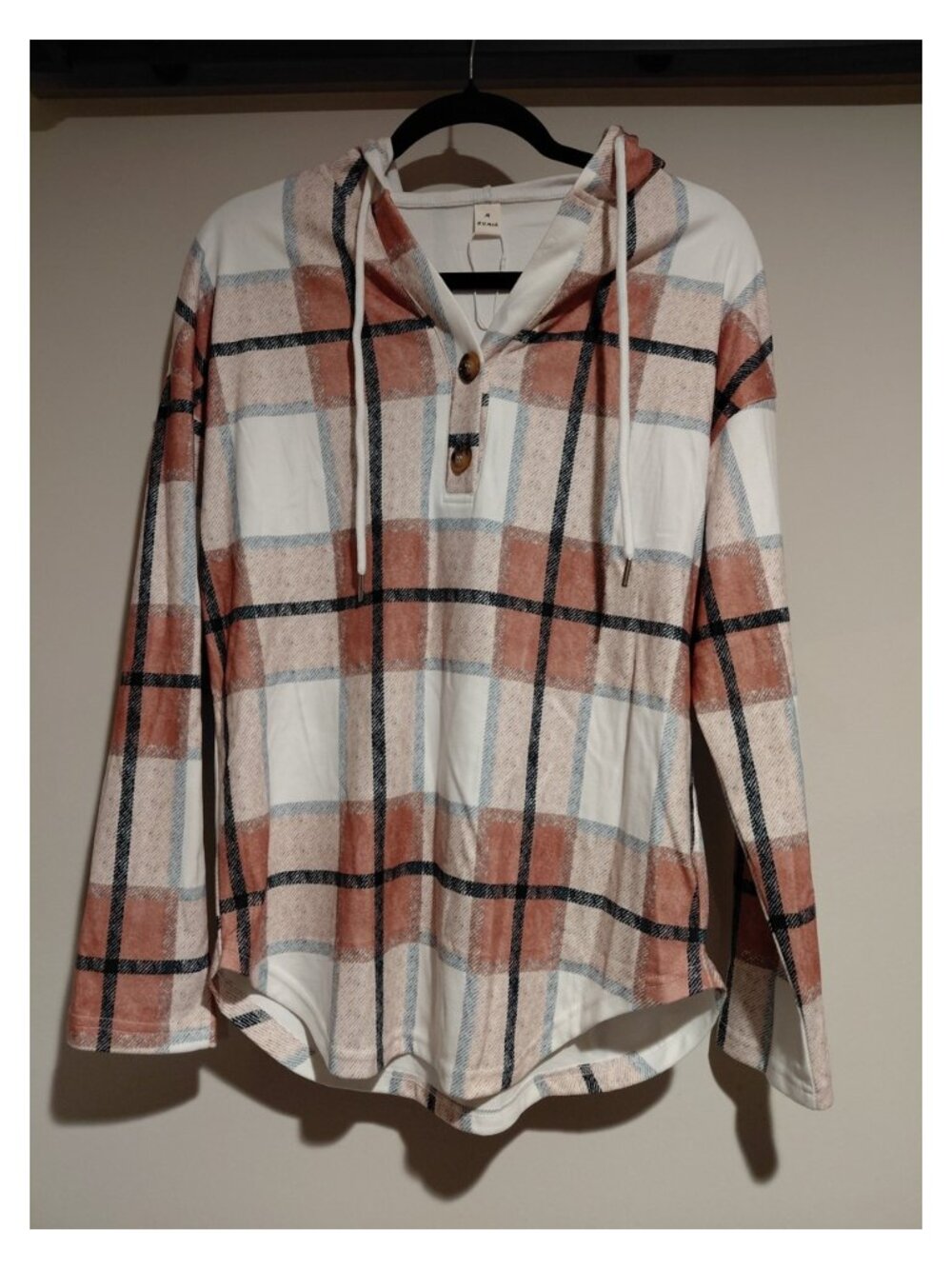 Rumia Plaid Hoodie Top Women M NWT Soft Rust Cream Blue Long Sleeve Pullover